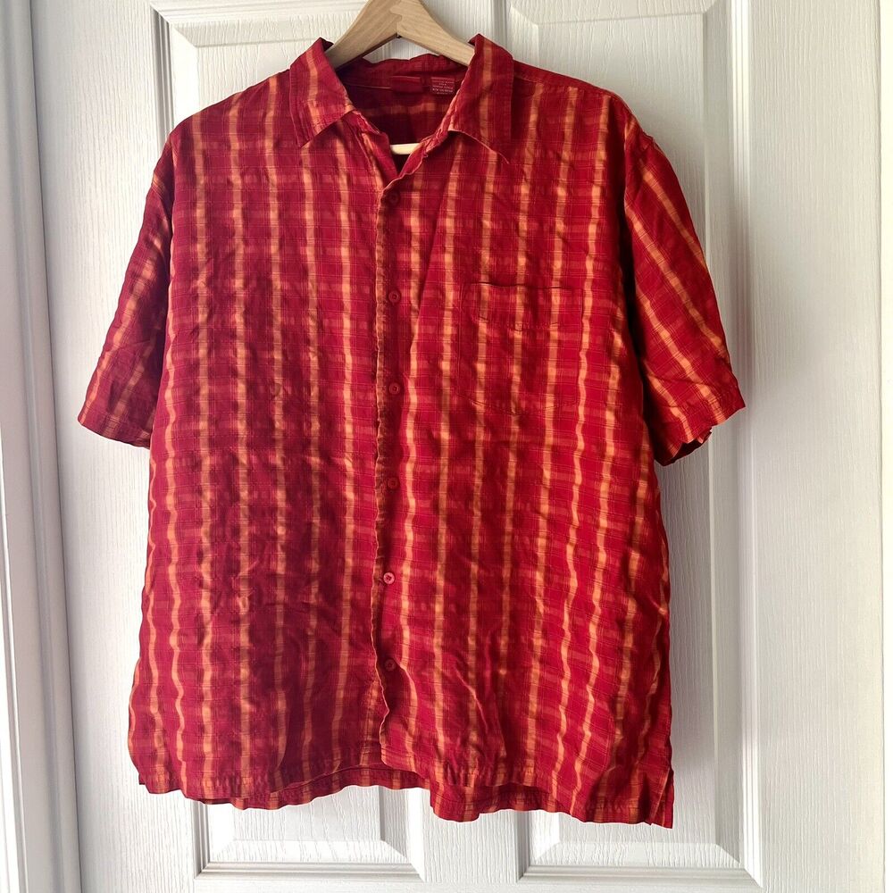 90s Mossimo Mens X-Large Red Orange Check Plaid Polynosic Casual Button Up Shirt